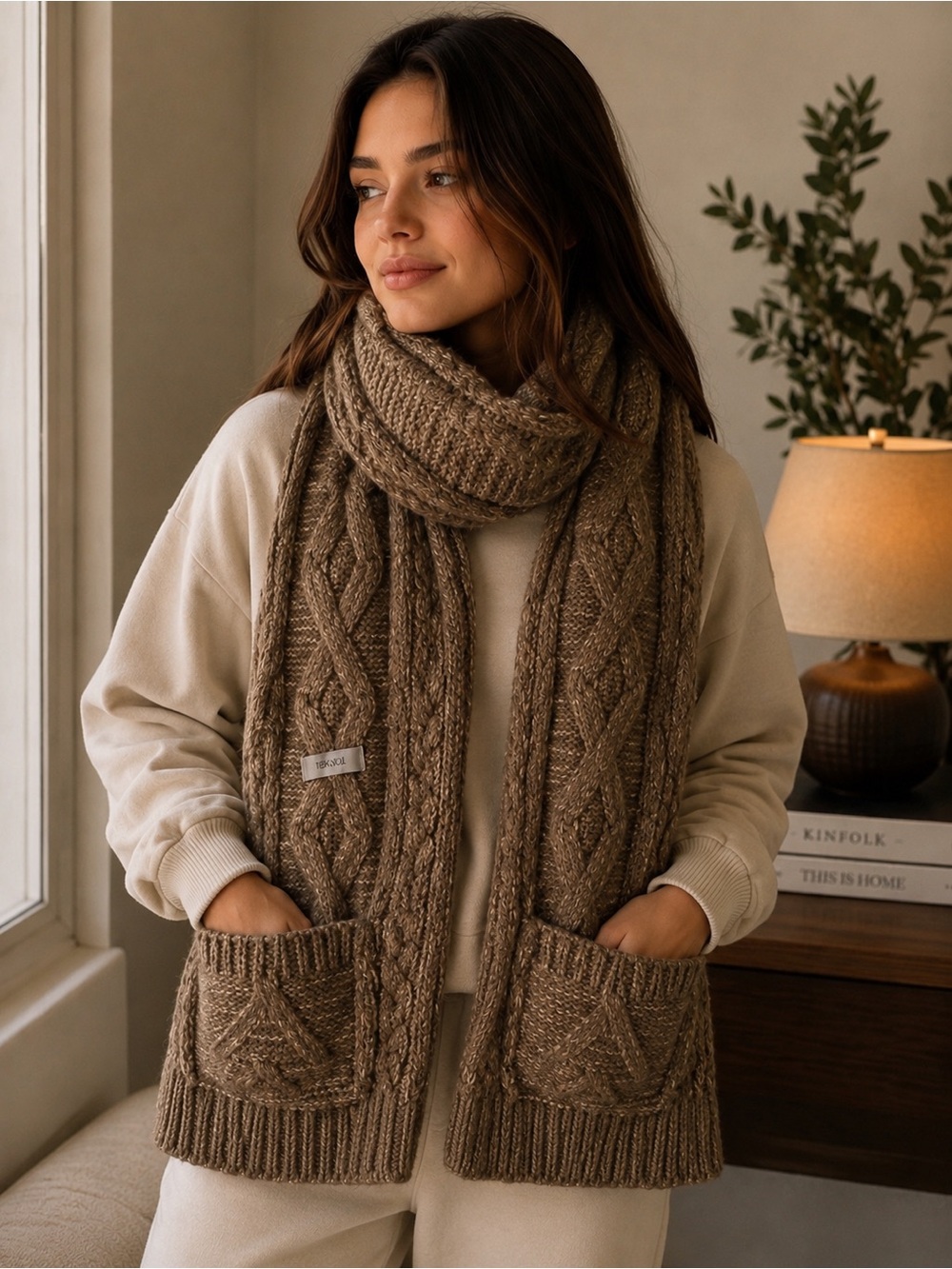 Ipekyol Taupe Chunky Cable Knit Scarf – Textured Winter Wrap